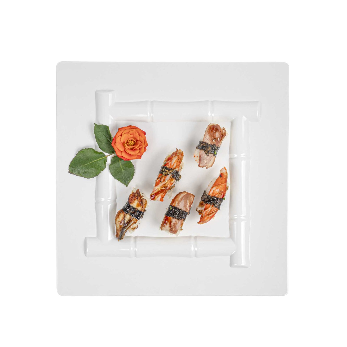 Voga Square White Melamine Plate - Bamboo Trim - 12" x 12" x 1" - 10 count box