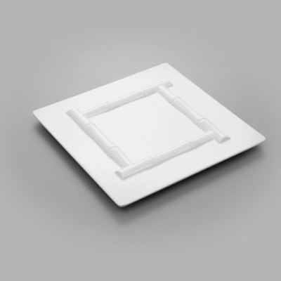 Voga Square White Melamine Plate - Bamboo Trim - 12" x 12" x 1" - 10 count box