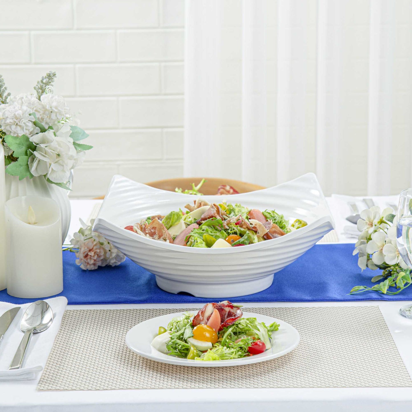 Voga 128 oz Square White Melamine Serving Bowl - Square Orb - 13" x 13" x 3 1/2" - 2 count box