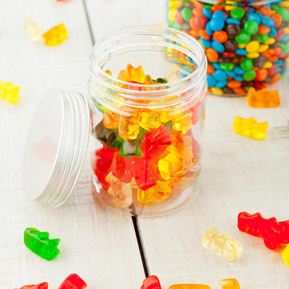 Mini Serve 9 oz Round Clear Plastic Candy and Snack Jar - with Aluminum Lid - 2 3/4" x 2 3/4" x 3 1/4" - 100 count box