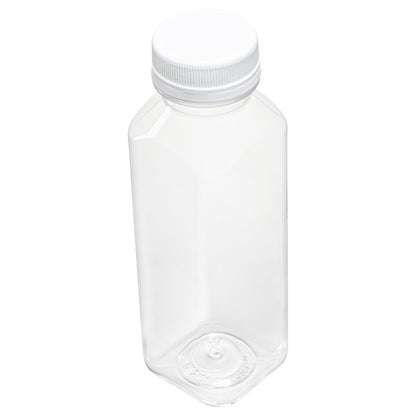 Bottle Tek 12 oz Square Clear Plastic Cold Pressed Juice Bottle - with Safety Cap - 2" x 2" x 6 1/2" - 100 count box