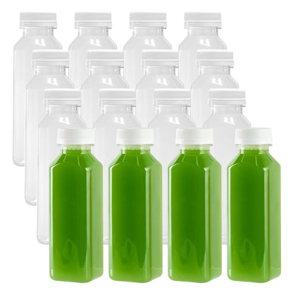 Bottle Tek 12 oz Square Clear Plastic Cold Pressed Juice Bottle - with Safety Cap - 2" x 2" x 6 1/2" - 100 count box