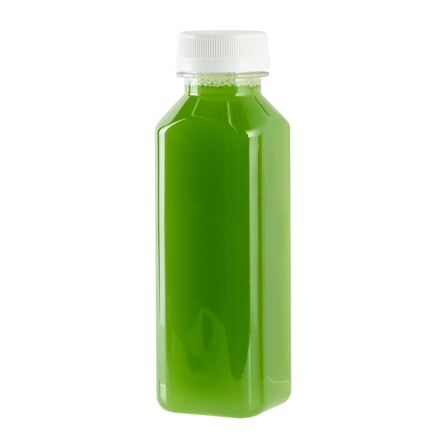 Bottle Tek 12 oz Square Clear Plastic Cold Pressed Juice Bottle - with Safety Cap - 2" x 2" x 6 1/2" - 100 count box