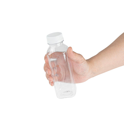 Bottle Tek 12 oz Square Clear Plastic Cold Pressed Juice Bottle - with Safety Cap - 2" x 2" x 6 1/2" - 100 count box