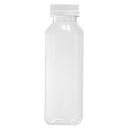 Bottle Tek 12 oz Square Clear Plastic Cold Pressed Juice Bottle - with Safety Cap - 2" x 2" x 6 1/2" - 100 count box