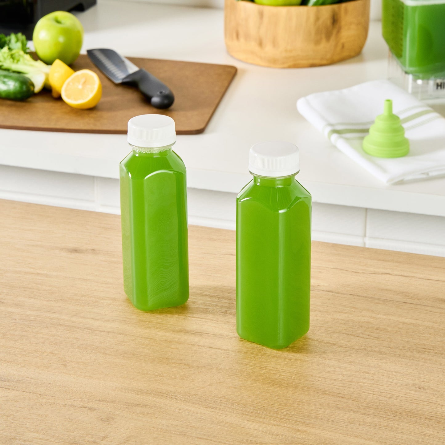 Bottle Tek 12 oz Square Clear Plastic Cold Pressed Juice Bottle - with Safety Cap - 2" x 2" x 6 1/2" - 100 count box