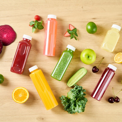 Bottle Tek 12 oz Square Clear Plastic Cold Pressed Juice Bottle - with Safety Cap - 2" x 2" x 6 1/2" - 100 count box