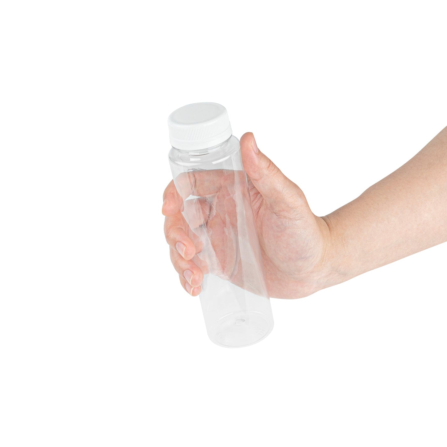 Bottle Tek 8 oz Round Clear Plastic Cold Pressed Juice Bottle - with Safety Cap - 2" x 2" x 6 3/4" - 100 count box