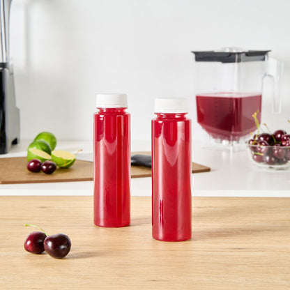 Bottle Tek 8 oz Round Clear Plastic Cold Pressed Juice Bottle - with Safety Cap - 2" x 2" x 6 3/4" - 100 count box