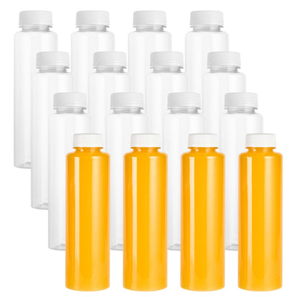 Bottle Tek 16 oz Round Clear Plastic Cold Pressed Juice Bottle - with Safety Cap - 2 1/4" x 2 1/4" x 8 1/4" - 100 count box