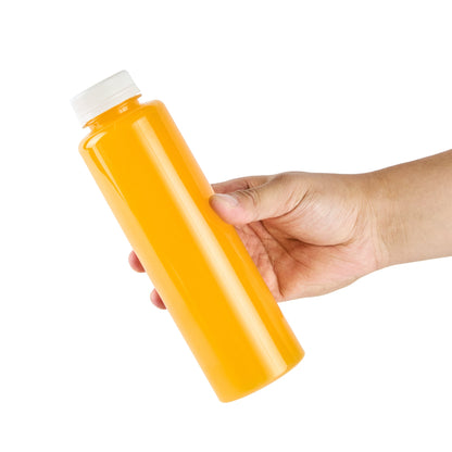 Bottle Tek 16 oz Round Clear Plastic Cold Pressed Juice Bottle - with Safety Cap - 2 1/4" x 2 1/4" x 8 1/4" - 100 count box