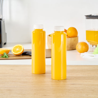 Bottle Tek 16 oz Round Clear Plastic Cold Pressed Juice Bottle - with Safety Cap - 2 1/4" x 2 1/4" x 8 1/4" - 100 count box