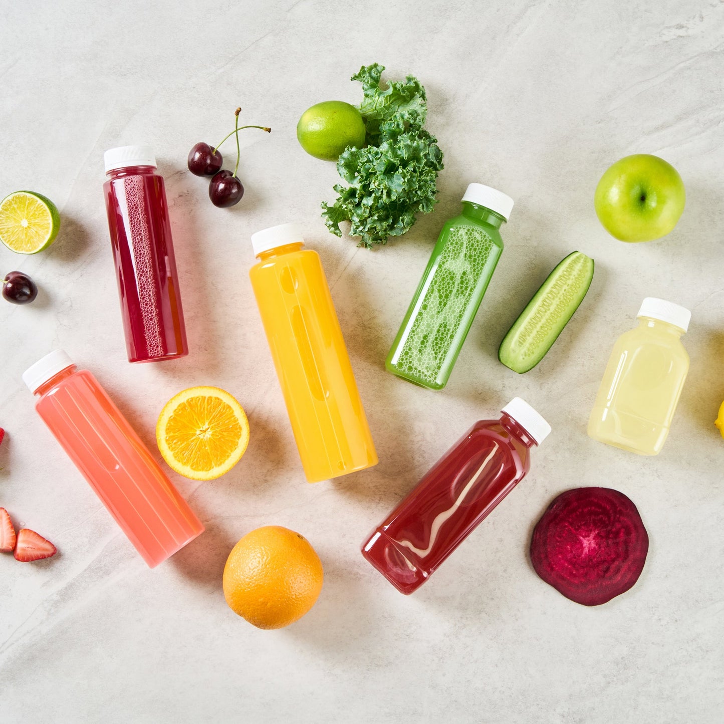 Bottle Tek 16 oz Round Clear Plastic Cold Pressed Juice Bottle - with Safety Cap - 2 1/4" x 2 1/4" x 8 1/4" - 100 count box
