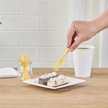 Coppetta Baby Yellow Plastic Cake Fork with Knife Edge - 4" x 3/4" - 100 count box