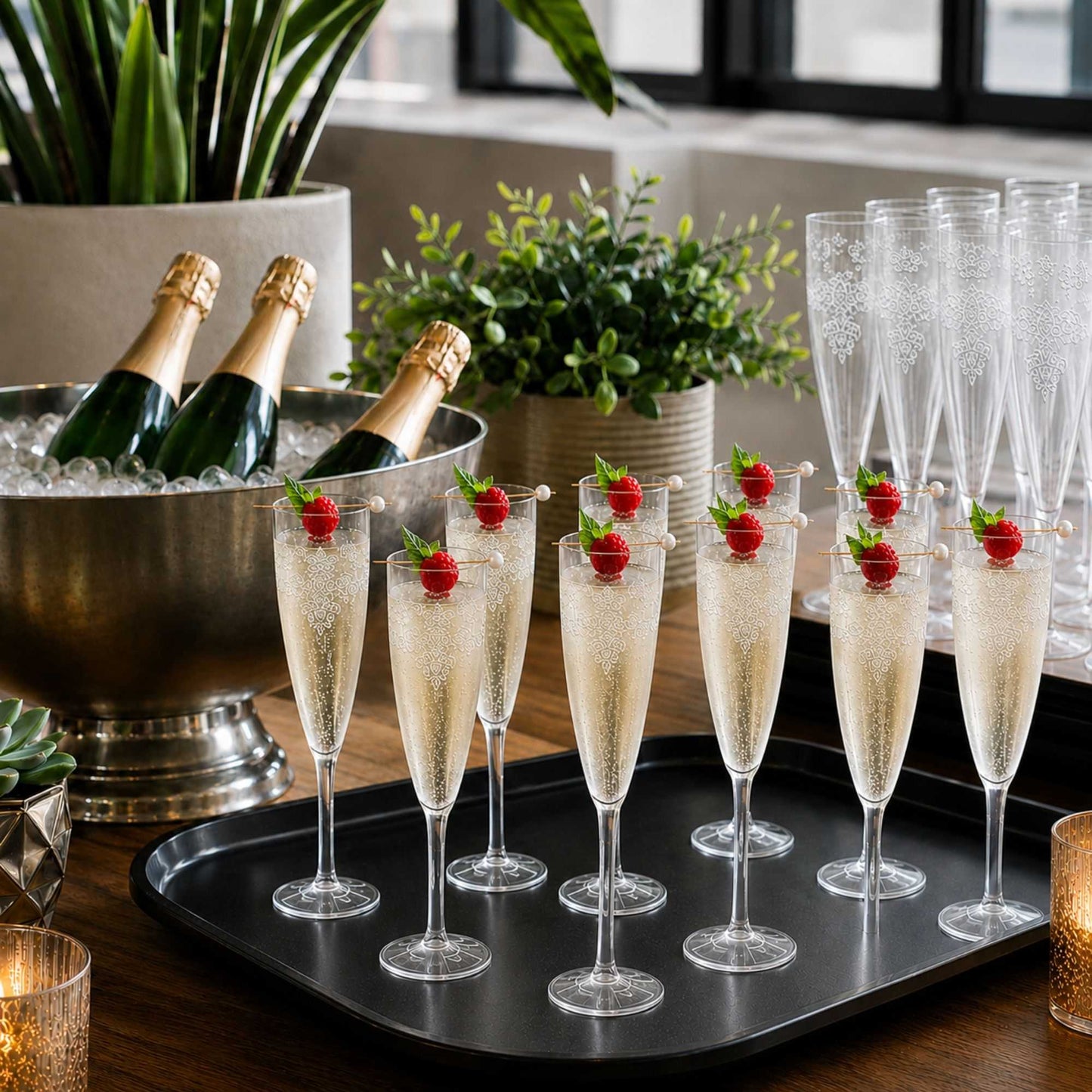 Bev Tek 4 oz Clear Plastic Wedding Champagne Flute - 1-Piece - 7 1/2" x 2 1/4" x 2 1/4" - 20 count box