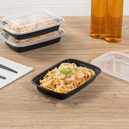 Asporto 16 oz Rectangle Black Plastic To Go Box - with Clear Lid, Microwavable - 7 3/4" x 5 1/2" x 1 1/2" - 100 count box