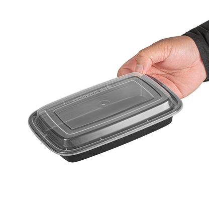 Asporto 16 oz Rectangle Black Plastic To Go Box - with Clear Lid, Microwavable - 7 3/4" x 5 1/2" x 1 1/2" - 100 count box