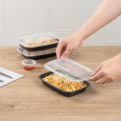 Asporto 16 oz Rectangle Black Plastic To Go Box - with Clear Lid, Microwavable - 7 3/4" x 5 1/2" x 1 1/2" - 100 count box