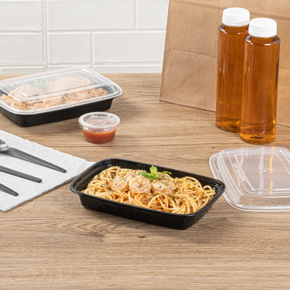 Asporto 16 oz Rectangle Black Plastic To Go Box - with Clear Lid, Microwavable - 7 3/4" x 5 1/2" x 1 1/2" - 100 count box