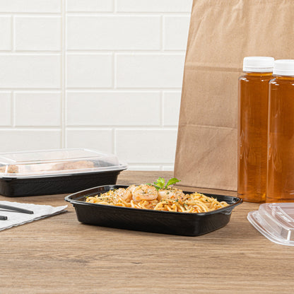 Asporto 16 oz Rectangle Black Plastic To Go Box - with Clear Lid, Microwavable - 7 3/4" x 5 1/2" x 1 1/2" - 100 count box