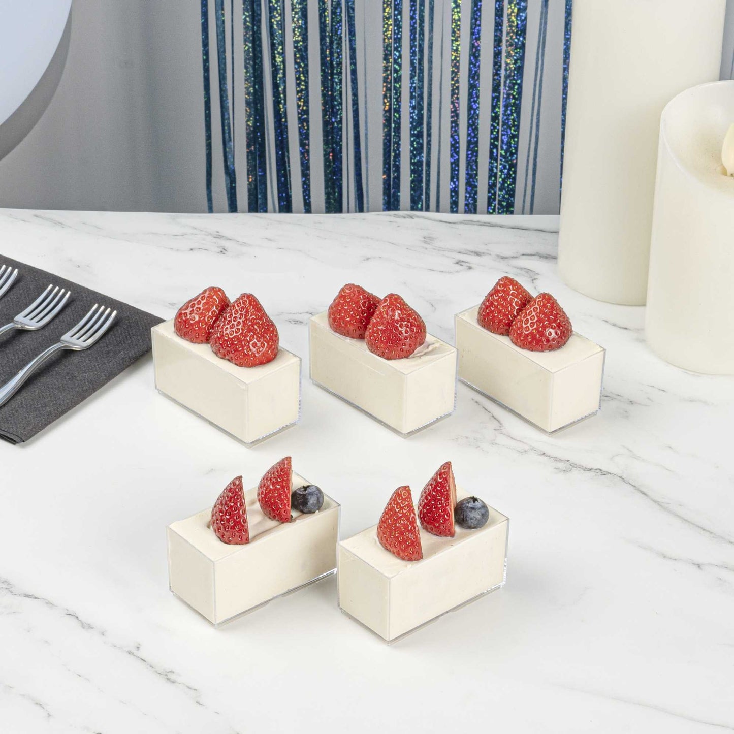 Mini Serve 3 oz Rectangle Clear Plastic Dessert Cup - Stackable - 2 3/4" x 1 1/2" x 1 1/2" - 100 count box
