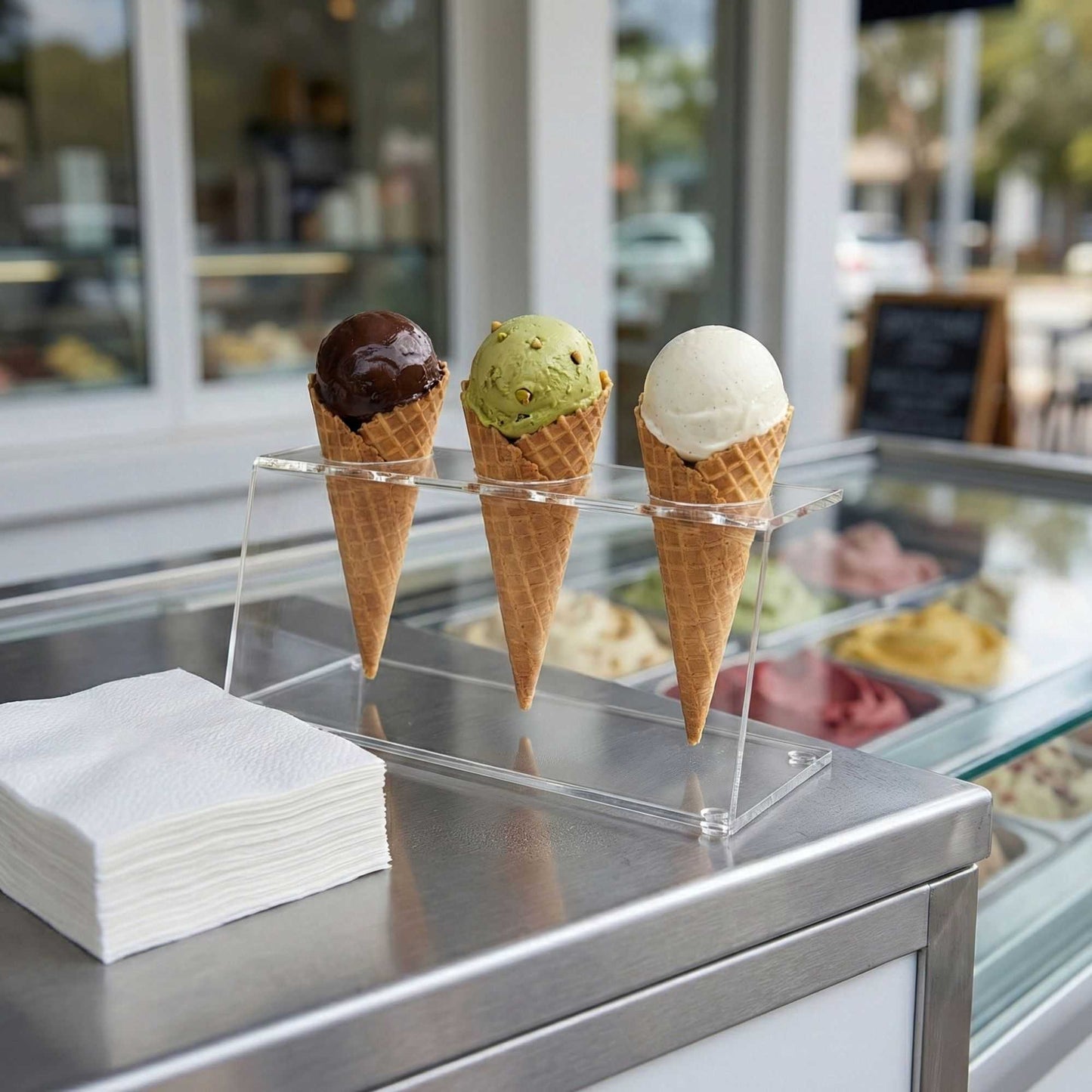 Clear Tek Clear Acrylic Ice Cream Cone Stand - 3 slots - 7" x 2 3/4" x 3 1/4" - 1 count box