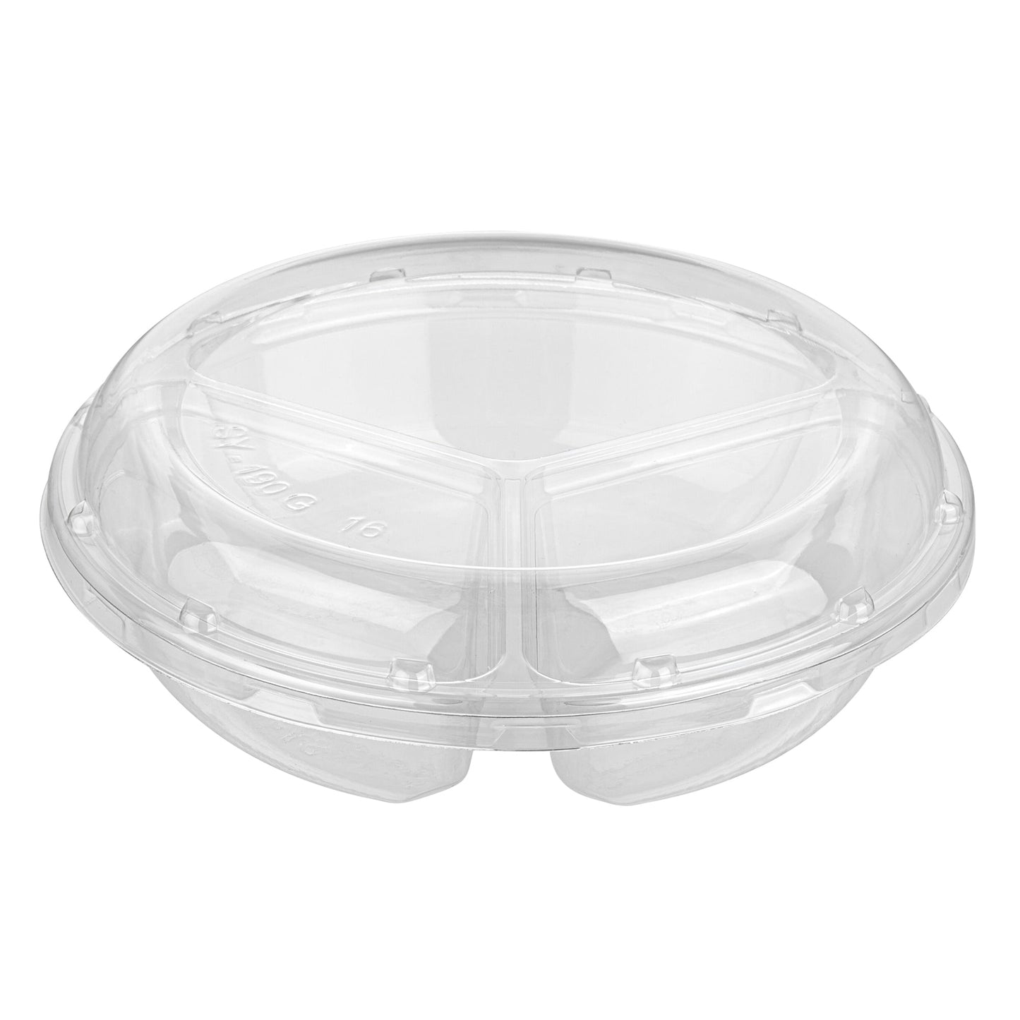 Thermo Tek Round Clear Plastic Serving Platter - with Lid, 3 Compartments - 7 1/2" x 7 1/2" x 2 1/2" - 100 count box
