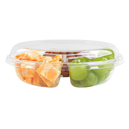 Thermo Tek Round Clear Plastic Serving Platter - with Lid, 3 Compartments - 7 1/2" x 7 1/2" x 2 1/2" - 100 count box