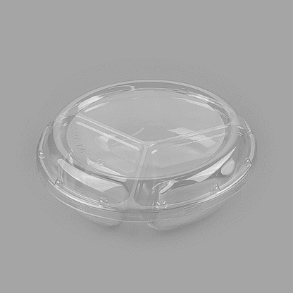 Thermo Tek Round Clear Plastic Serving Platter - with Lid, 3 Compartments - 7 1/2" x 7 1/2" x 2 1/2" - 100 count box