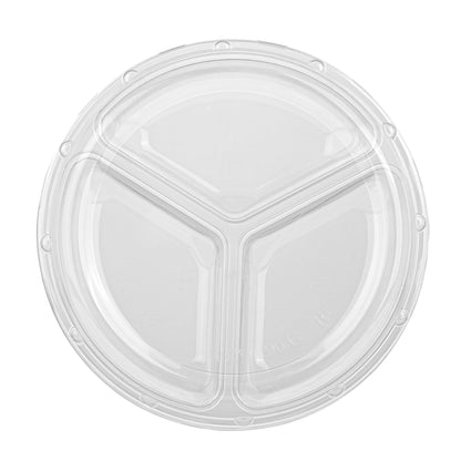 Thermo Tek Round Clear Plastic Serving Platter - with Lid, 3 Compartments - 7 1/2" x 7 1/2" x 2 1/2" - 100 count box