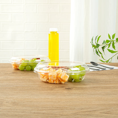 Thermo Tek Round Clear Plastic Serving Platter - with Lid, 3 Compartments - 7 1/2" x 7 1/2" x 2 1/2" - 100 count box