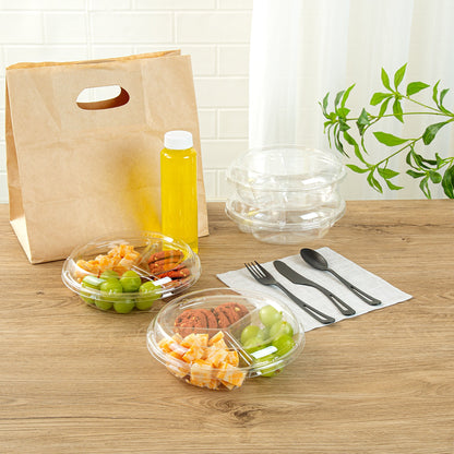 Thermo Tek Round Clear Plastic Serving Platter - with Lid, 3 Compartments - 7 1/2" x 7 1/2" x 2 1/2" - 100 count box