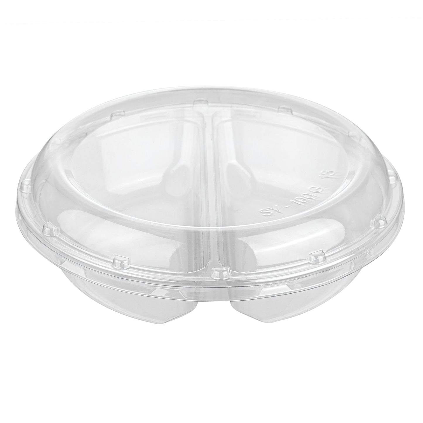 Thermo Tek Round Clear Plastic Serving Platter - with Lid, 2 Compartments - 7 1/2" x 7 1/2" x 2 1/2" - 100 count box