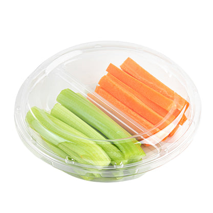 Thermo Tek Round Clear Plastic Serving Platter - with Lid, 2 Compartments - 7 1/2" x 7 1/2" x 2 1/2" - 100 count box