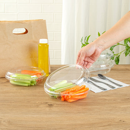 Thermo Tek Round Clear Plastic Serving Platter - with Lid, 2 Compartments - 7 1/2" x 7 1/2" x 2 1/2" - 100 count box