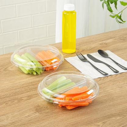 Thermo Tek Round Clear Plastic Serving Platter - with Lid, 2 Compartments - 7 1/2" x 7 1/2" x 2 1/2" - 100 count box
