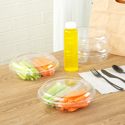 Thermo Tek Round Clear Plastic Serving Platter - with Lid, 2 Compartments - 7 1/2" x 7 1/2" x 2 1/2" - 100 count box