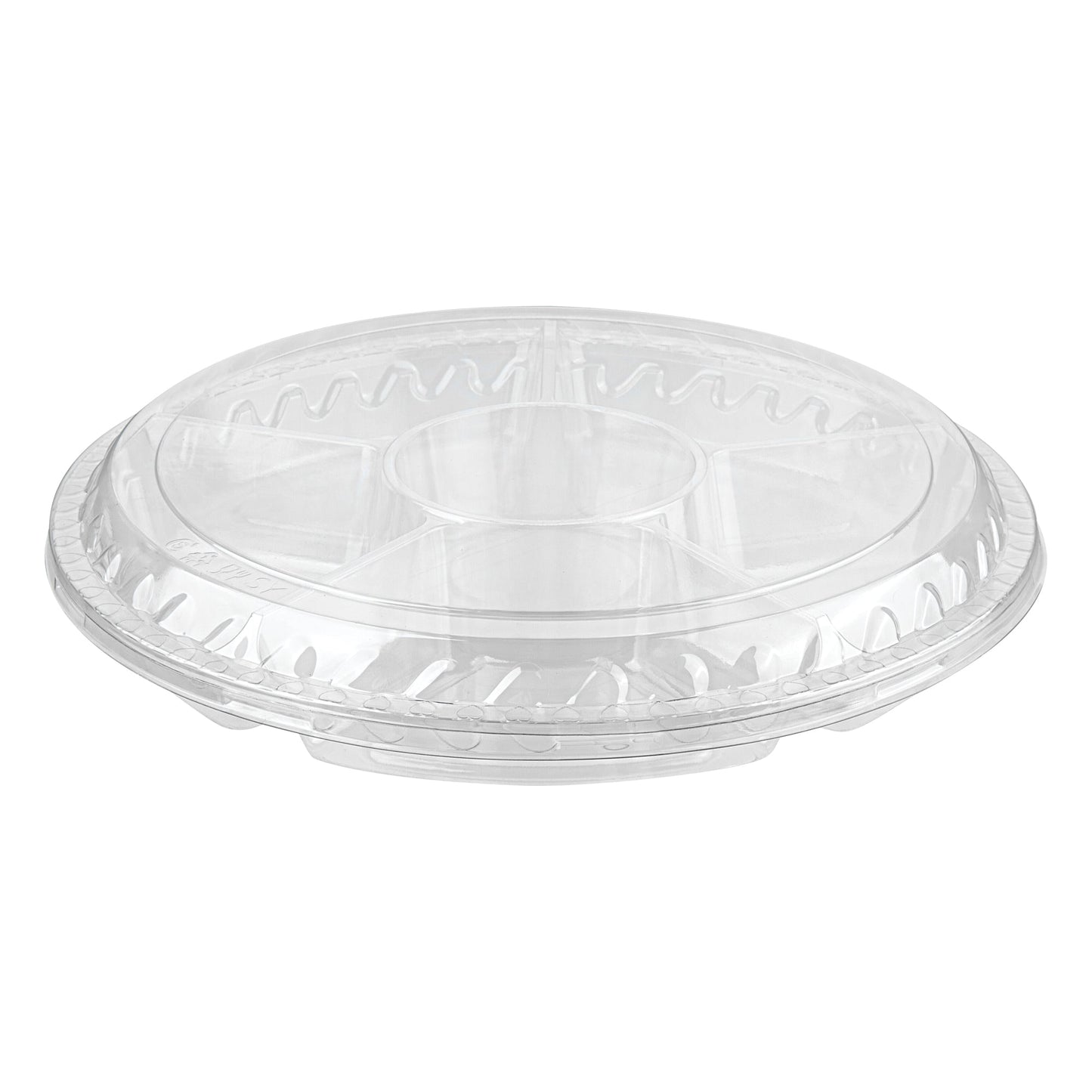 Thermo Tek Round Clear Plastic Serving Platter - with Lid, 6 Compartments - 11 3/4" x 11 3/4" x 2" - 100 count box