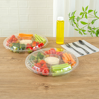 Thermo Tek Round Clear Plastic Serving Platter - with Lid, 6 Compartments - 11 3/4" x 11 3/4" x 2" - 100 count box
