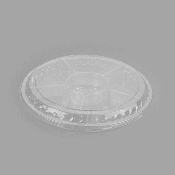 Thermo Tek Round Clear Plastic Serving Platter - with Lid, 6 Compartments - 11 3/4" x 11 3/4" x 2" - 100 count box