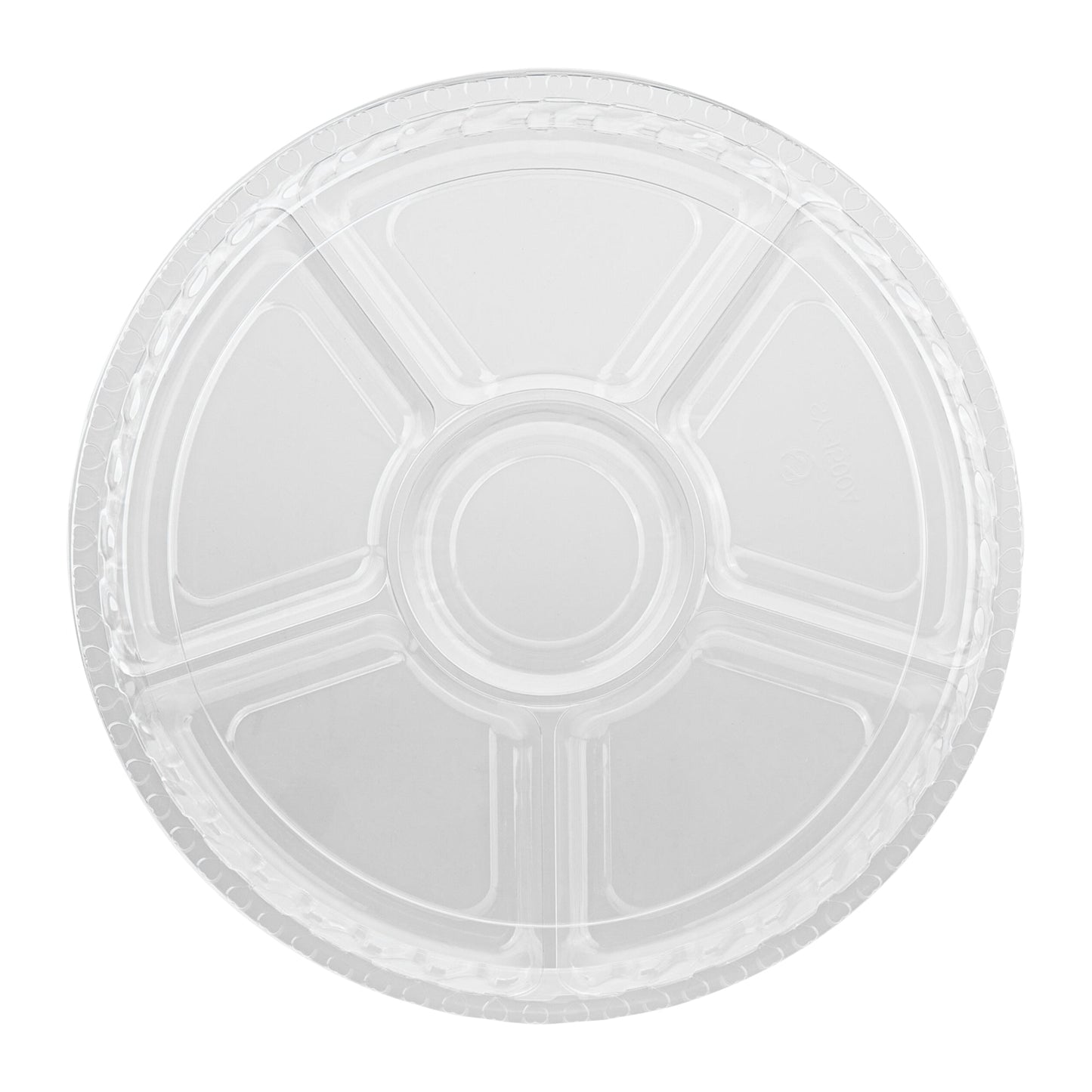 Thermo Tek Round Clear Plastic Serving Platter - with Lid, 6 Compartments - 11 3/4" x 11 3/4" x 2" - 100 count box