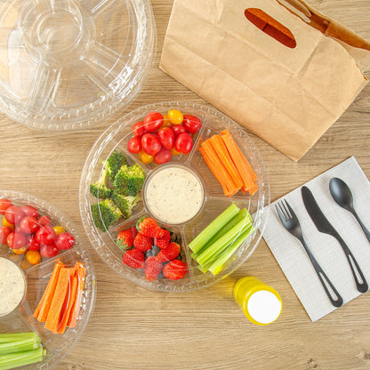 Thermo Tek Round Clear Plastic Serving Platter - with Lid, 6 Compartments - 11 3/4" x 11 3/4" x 2" - 100 count box