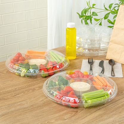Thermo Tek Round Clear Plastic Serving Platter - with Lid, 6 Compartments - 11 3/4" x 11 3/4" x 2" - 100 count box