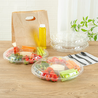 Thermo Tek Round Clear Plastic Serving Platter - with Lid, 6 Compartments - 11 3/4" x 11 3/4" x 2" - 100 count box