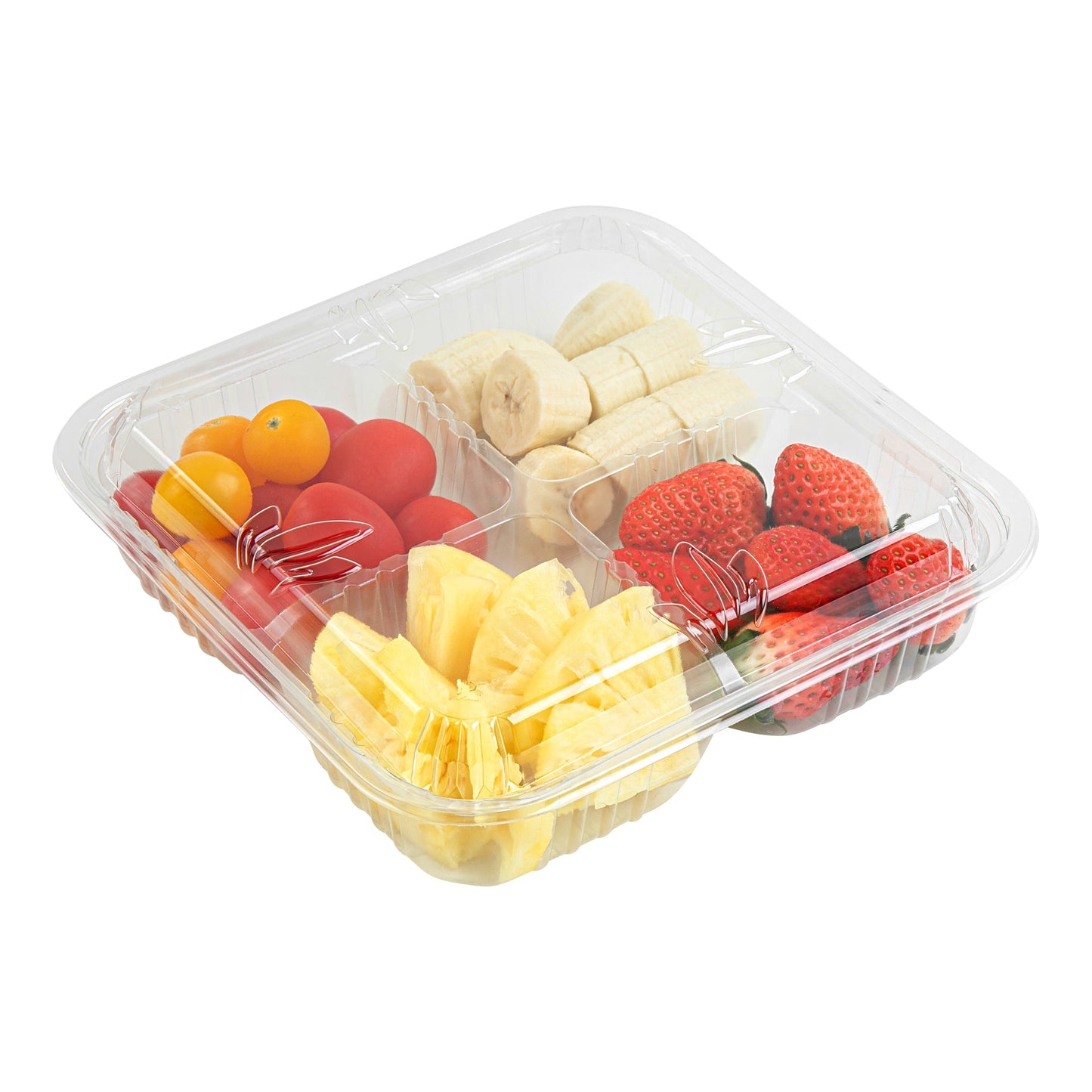 Thermo Tek Square Clear Plastic Serving Platter - with Lid, 4 Compartments - 8 1/4" x 8 1/4" x 2 1/4" - 100 count box