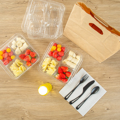 Thermo Tek Square Clear Plastic Serving Platter - with Lid, 4 Compartments - 8 1/4" x 8 1/4" x 2 1/4" - 100 count box