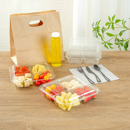 Thermo Tek Square Clear Plastic Serving Platter - with Lid, 4 Compartments - 8 1/4" x 8 1/4" x 2 1/4" - 100 count box