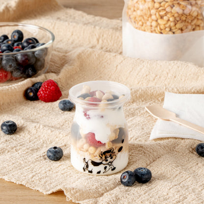 Mini Serve 4 oz Clear Plastic Happy Cow Yogurt Cup - with Lid - 2 1/4" x 2 1/4" x 2 3/4" - 100 count box