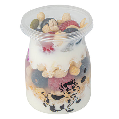 Mini Serve 4 oz Clear Plastic Happy Cow Yogurt Cup - with Lid - 2 1/4" x 2 1/4" x 2 3/4" - 100 count box