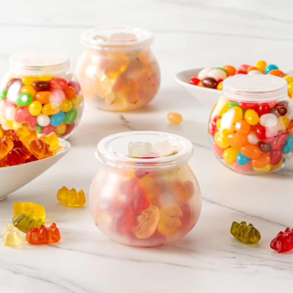 Mini Serve 4 oz Frosted Plastic Bulbous Candy Jar - with Lid - 2 1/2" x 2 1/2" x 2 1/2" - 100 count box